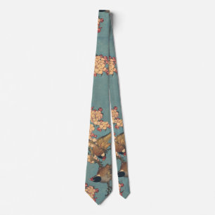 Cravate Bouvreuil d'Hokusai et Cerisier Fleur Vintage Oise