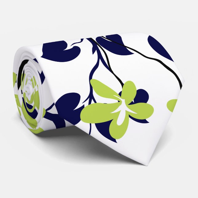 Cravate Branche bleue et noire marine, fleurs vert citron (Roulé)