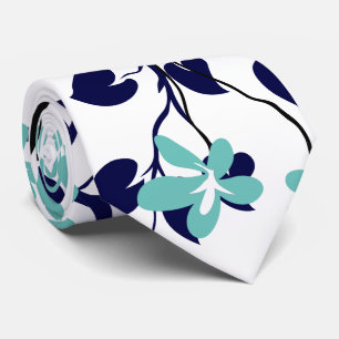 Cravate Branche bleue marine et noire, fleurs turquoises l