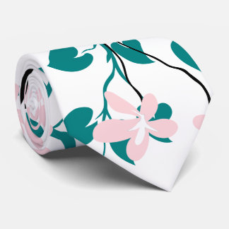 Cravate Branche bleue turquoise et noire, fleurs roses rou