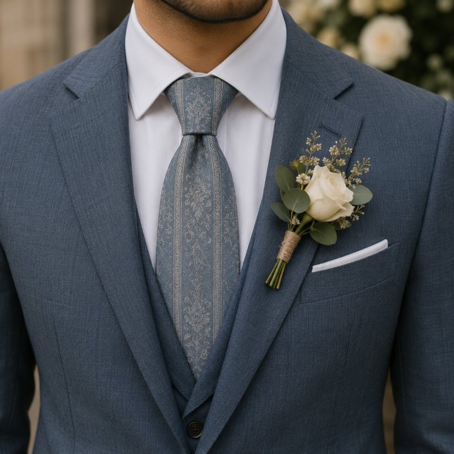 Cravate Brodé Floral Bleu Poussiéreux Élégant (Créateur téléchargé)