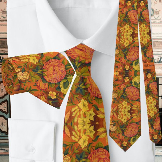 Cravate Brûlé Orange motif floral Vintage (Créateur téléchargé)
