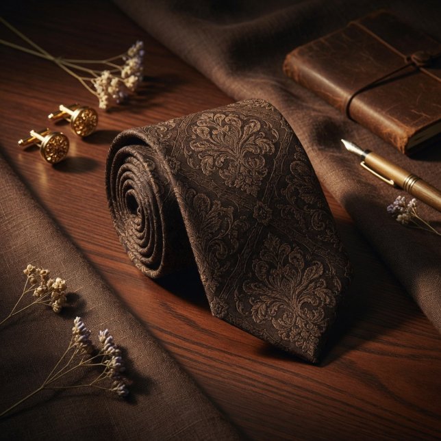 Cravate Brun Baroque Damask Espresso Foncé de Luxe  (Créateur téléchargé)