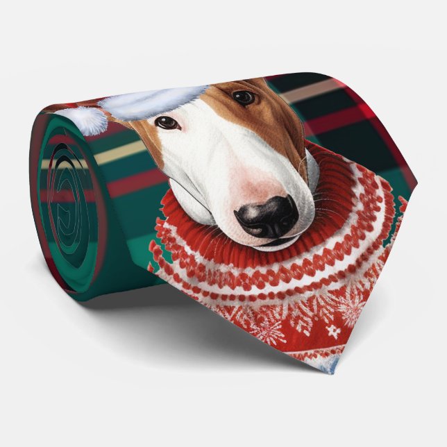 Cravate Bull Terrier Chien Rouge et Vert Plaid Noël (Roulé)