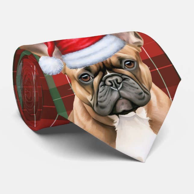 Cravate Bulldog français plaid de Noël vert rouge (Roulé)