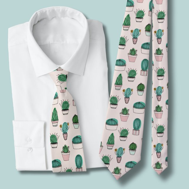 Cravate Cactus succulents pots plante motif (Cacti pattern tie)