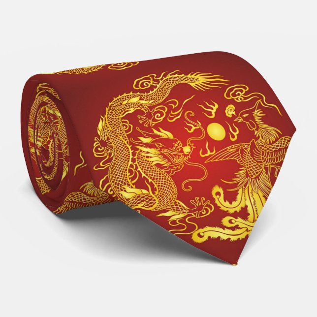 Cravate Cadeau de mariage chinois Dragon Phénix Rouge Or (Roulé)
