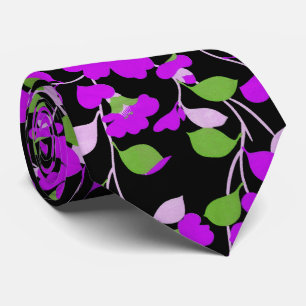 Cravate CAMELLIAS PURPLE, FEUILLES VERT BLANC NOIR Floral 