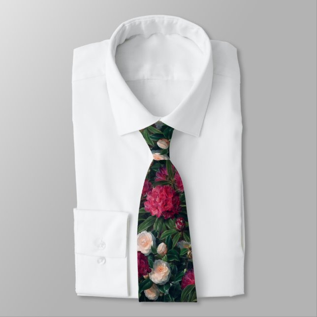 Cravate Camellias rose foncé et Rhododendrons blancs (Attaché)