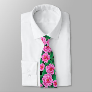 Cravate Camellias rose Fuchsia et Feuilles verts Jade