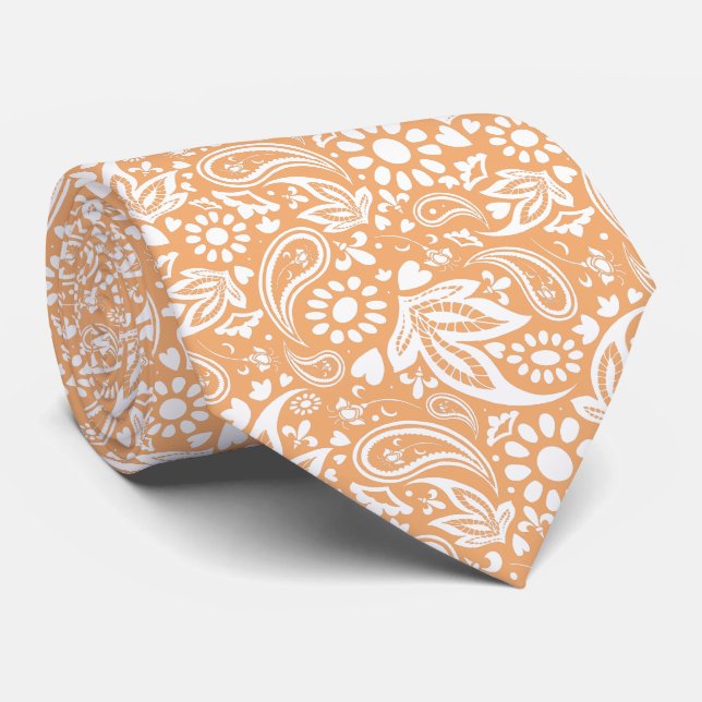 Cravate Cantaloupe et Motif romantique blanc Paisley (Roulé)