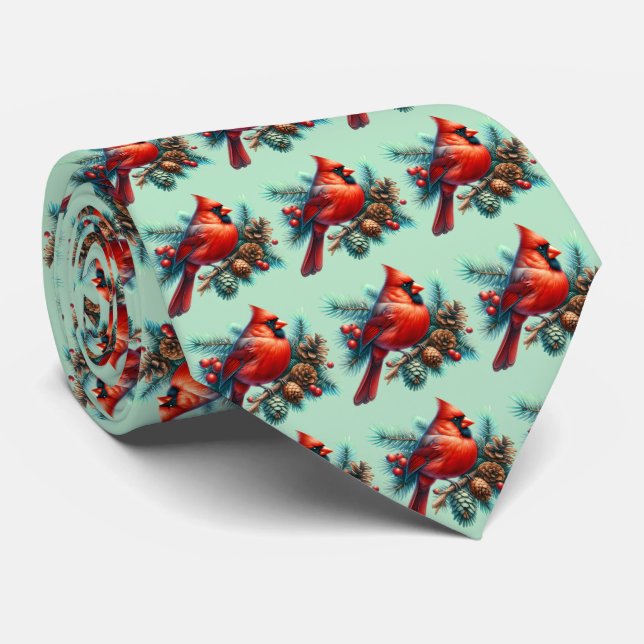 Cravate Cardinal sur la branche des pins avec les baies d' (Roulé)