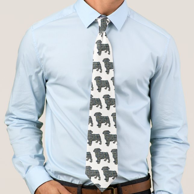 Cravate Carlin Chien Silhouette Jaune & Grille Bleue Blanc (Pug dog silhouette grid pattern white tie)
