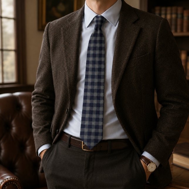 Cravate Caron navy et gris à carreaux gingham  (Créateur téléchargé)