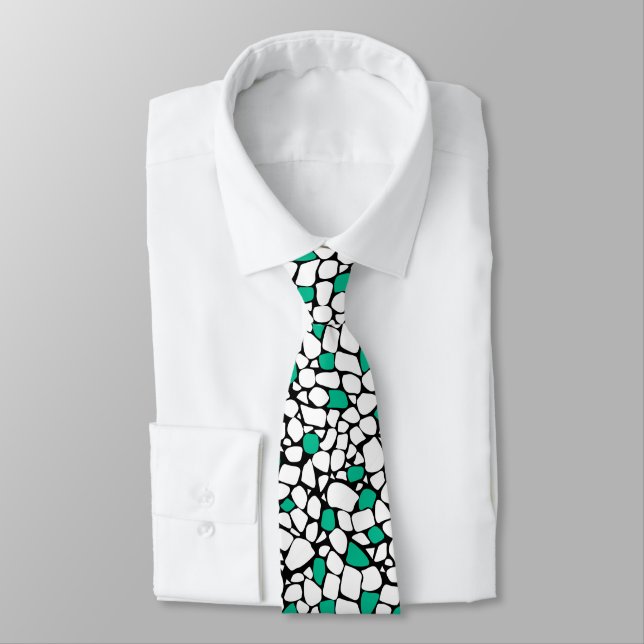 Cravate Carreau de motif abstrait mosaïque vert blanc noir (Attaché)