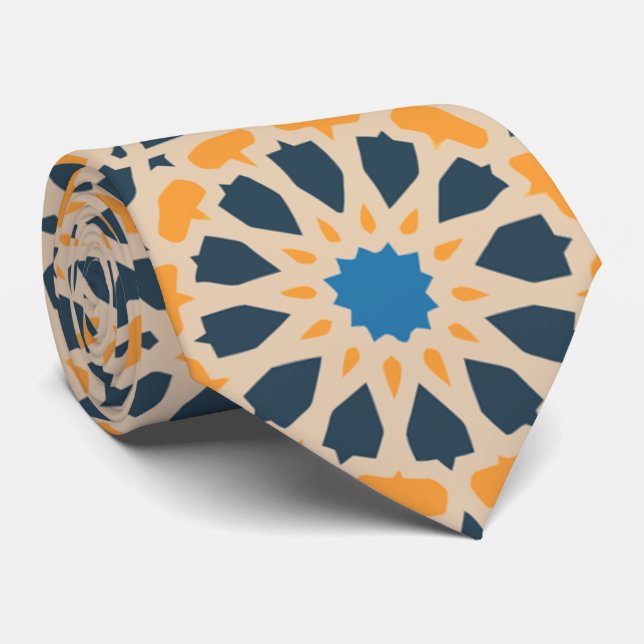 Cravate Carreau géométrique marocain & motif orange (Roulé)