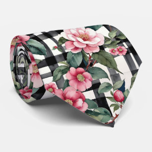 Cravate Carreaux Noir et Blanc avec Camélias Roses Feuillu