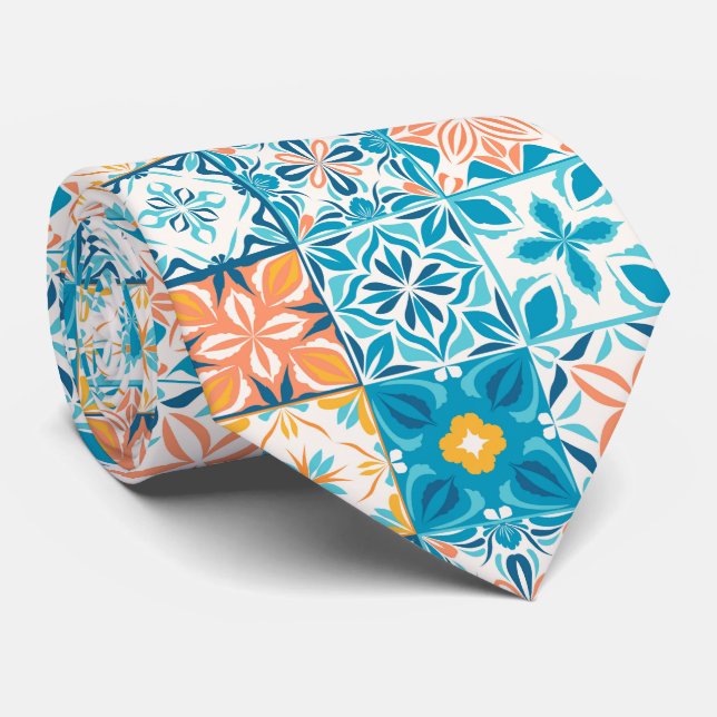 Cravate Carrelage orange et bleu (Roulé)