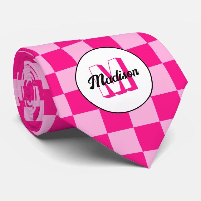 Cravate Carrés à carreaux rose chaud clair rétro Monogramm (Roulé)