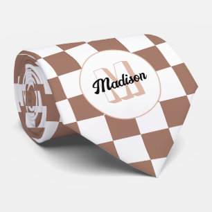 Cravate Carrés à damier marron moka blanc rétro Monogramme
