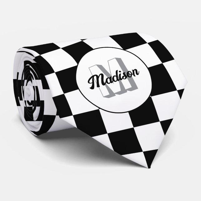 Cravate Carrés à damier noir et blanc rétro Monogramme (Roulé)