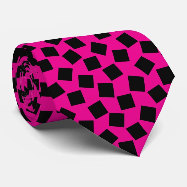 Cravate Carrés irréguliers - Noir sur rose chaud (Roulé)