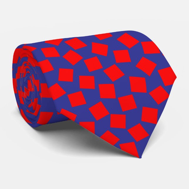 Cravate Carrés irréguliers - Rouge sur bleu foncé (Roulé)