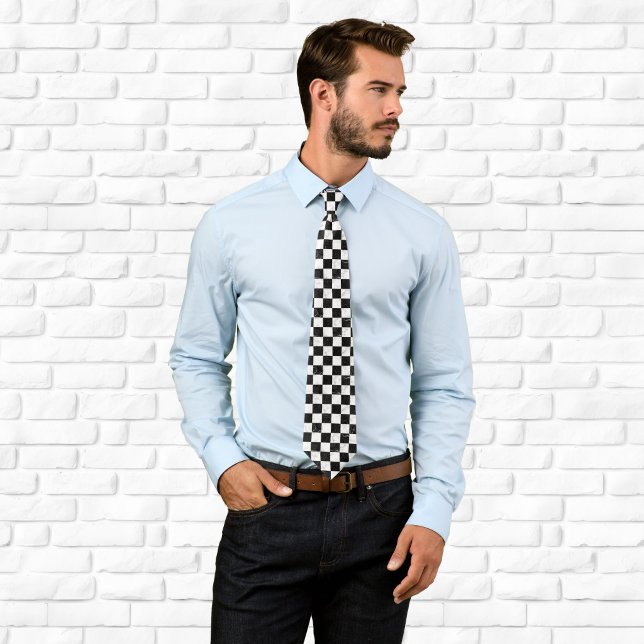 Cravate Carton de contrôle en marbre noir et argent blanc (White Black and Silver Marble Checkerboard Neck Tie)