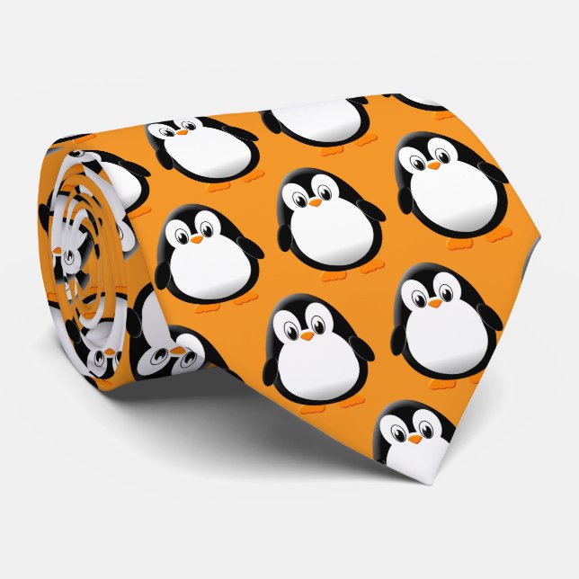 Cravate Cartoon de pingouin mignon orange (Roulé)