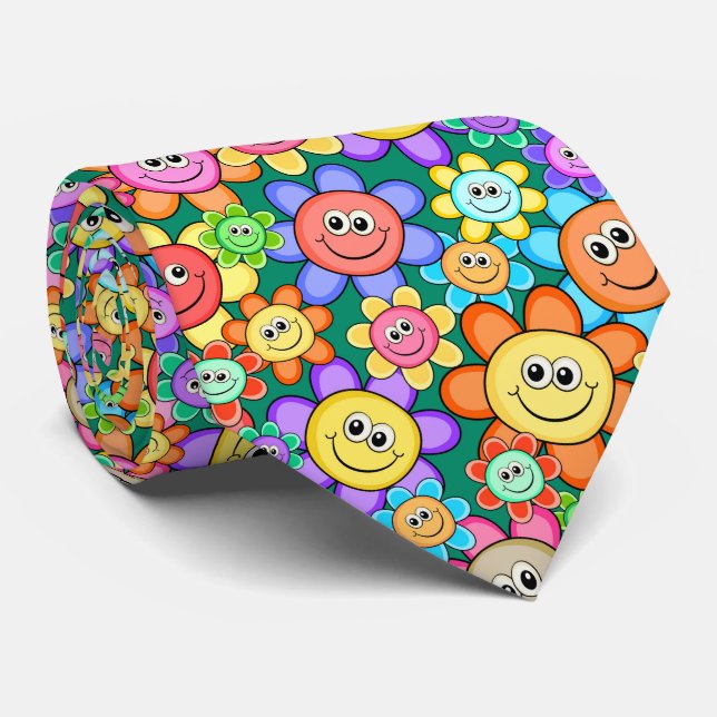 Cravate Cartoon mignon Fleurs joyeuses Motif Floral (Roulé)