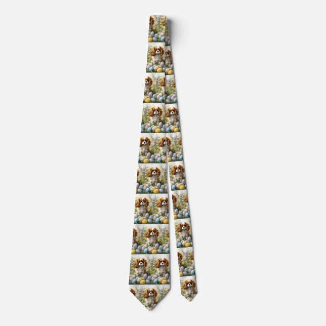 Cravate Cavalier King Charles Spaniel avec Oeufs de Pâques (Devant)