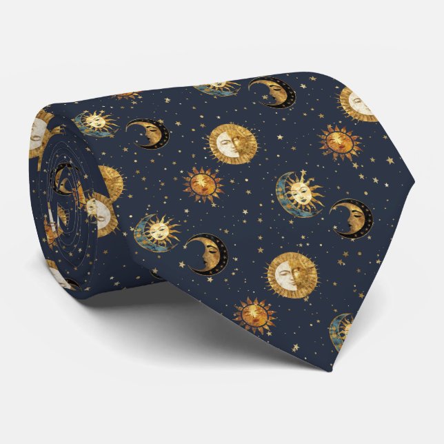 Cravate Celestial Sun & Moon Gold Starry Night Pattern (2) (Roulé)