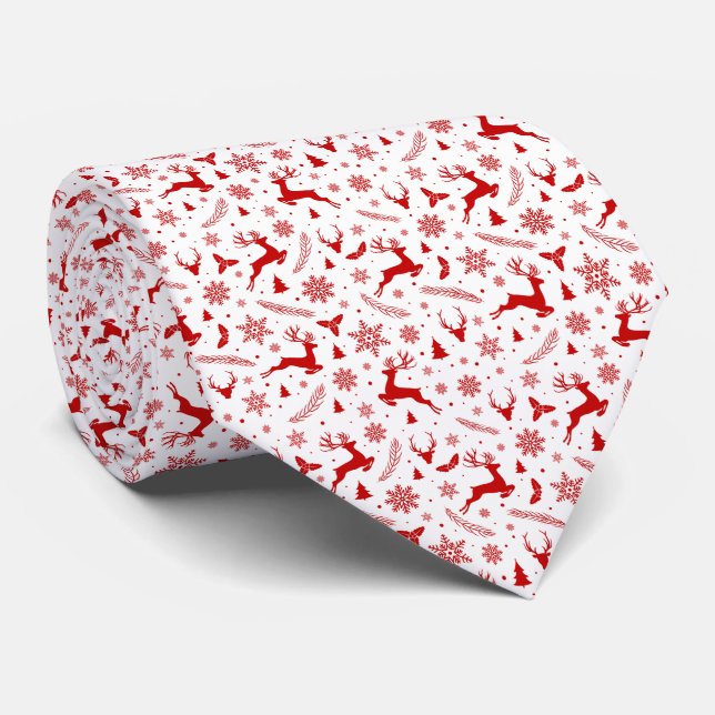 Cravate Cerfs et Snowflakes Motif de Noël blanc et rouge (Roulé)