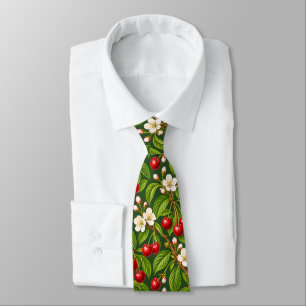 Cravate Cerises rouges botaniques et fleurs blanches