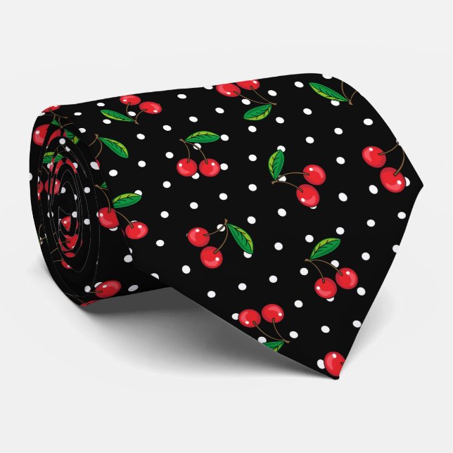 Cravate Cerises rouges Rockabilly et Noir Pois (Roulé)