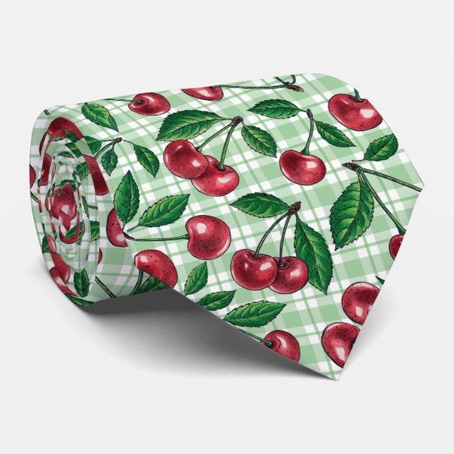 Cravate Cerises rouges sur en vichy vert clair (Roulé)