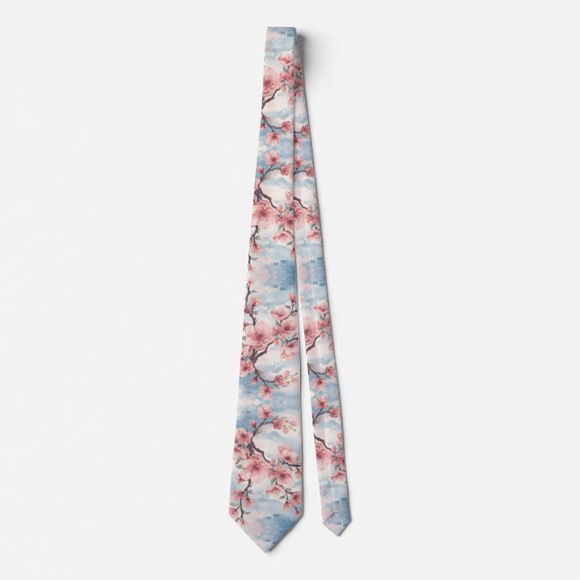 Cravate Cerisier Japonais Fleur de Cerisier Rose Bleu (Devant)