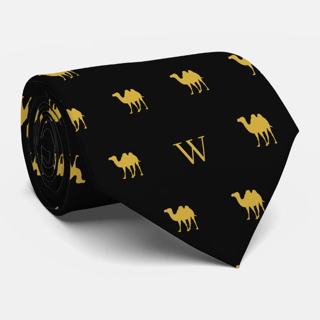 Cravate Chameau doré Humpday Monogramme initiales Noir (Roulé)