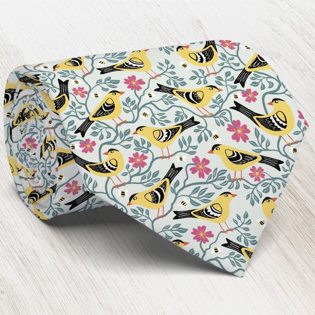 Cravate Chardonneret et fleur d'oiseau de rose de prairie (Willow goldfinch wild prairie rose Iowa state bird flower heritage inspired pattern neck tie)