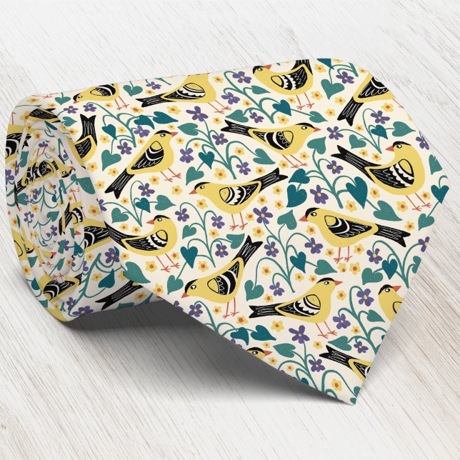 Cravate Chardonneret et Fleur d'Oiseau Violette des Bois (Willow Goldfinch Wild Wood Violet New Jersey state bird flower heritage inspired pattern neck tie)