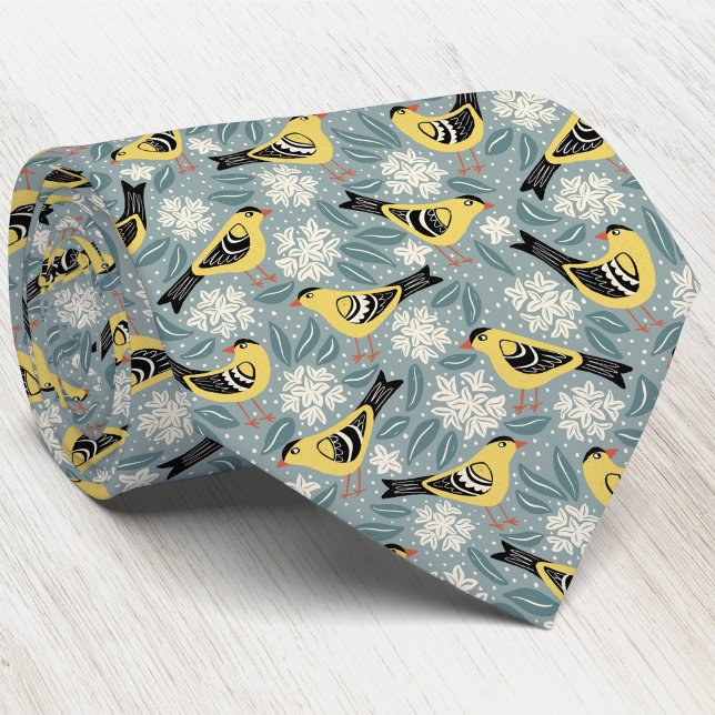Cravate Chardonneret et Rhododendron Impression sur Bloc F (Willow Goldfinch Coastal Rhododendron state bird flower of Washington heritage inspired neck tie)