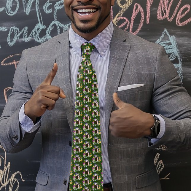 Cravate Charme Chocolat Sable Ferret Floral Vert (Créateur téléchargé)