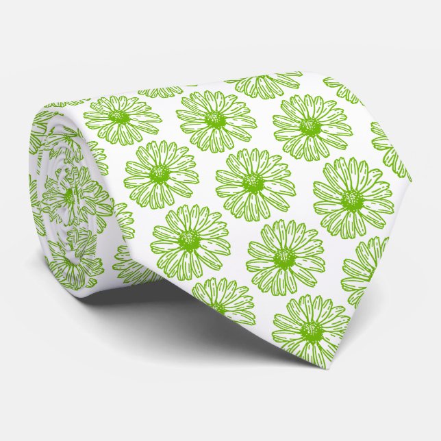 Cravate Chartreuse Green Daisy Print, Hippie Flower Print (Roulé)