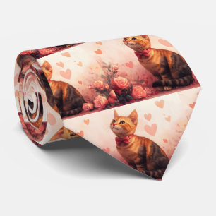 Cravate Chat Abyssin avec des Roses - Saint-Valentin