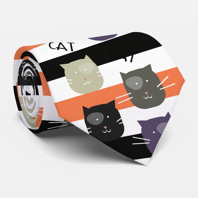Cravate Chat adorable rayure Halloween avec tache capricie (Roulé)