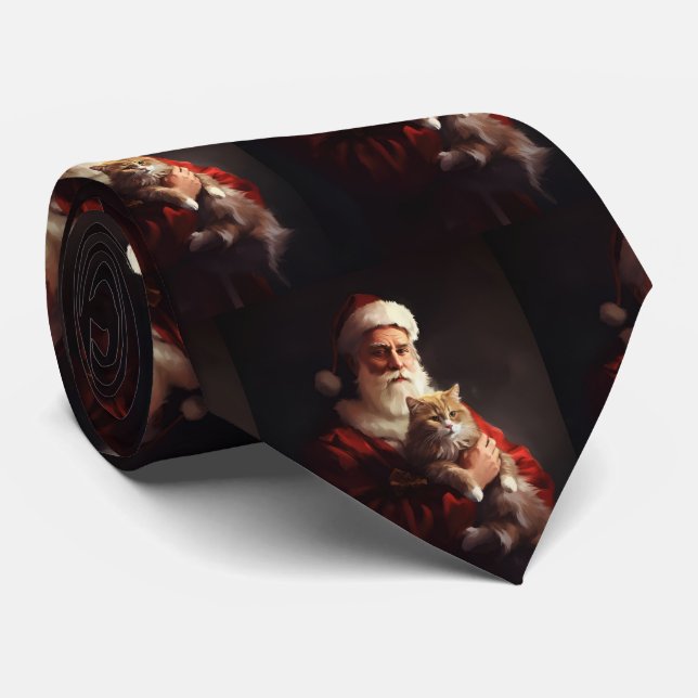 Cravate Chat angora turc Santa Claus Noël festif  (Roulé)
