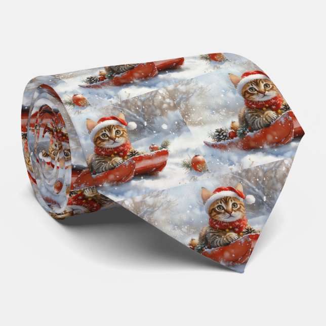 Cravate Chat Bengal dans un traîneau Laissez neige Noël (Roulé)