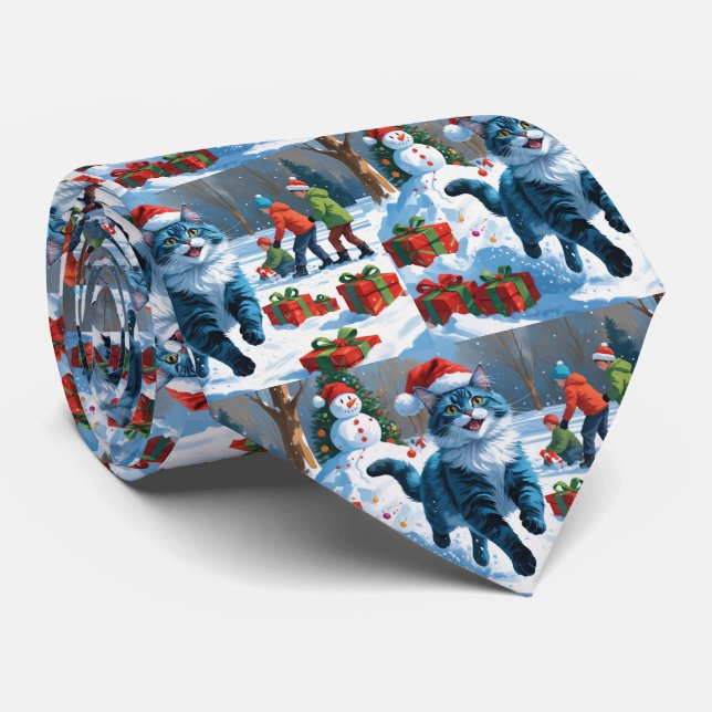 Cravate Chat bleu oriental assis dans la neige avec un cha (Roulé)