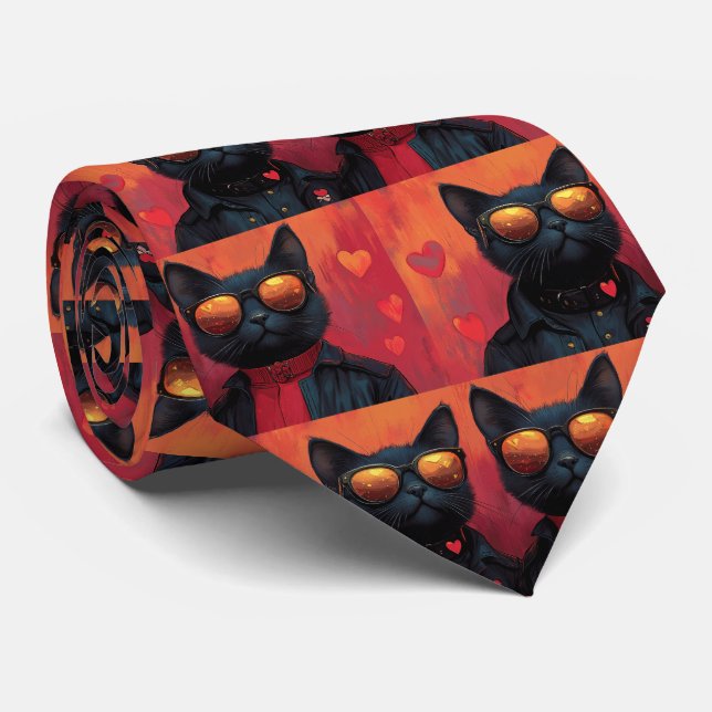 Cravate Chat bleu oriental avec coeur Roses Saint-Valentin (Roulé)