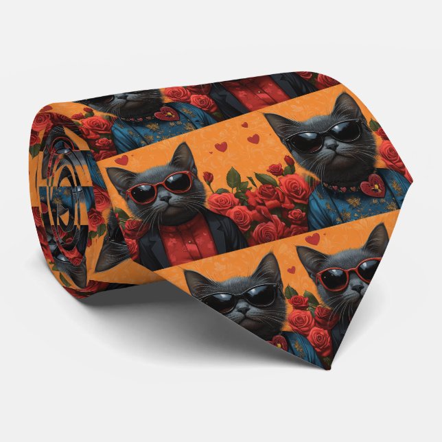 Cravate Chat bleu russe avec coeur Roses Saint-Valentin (Roulé)